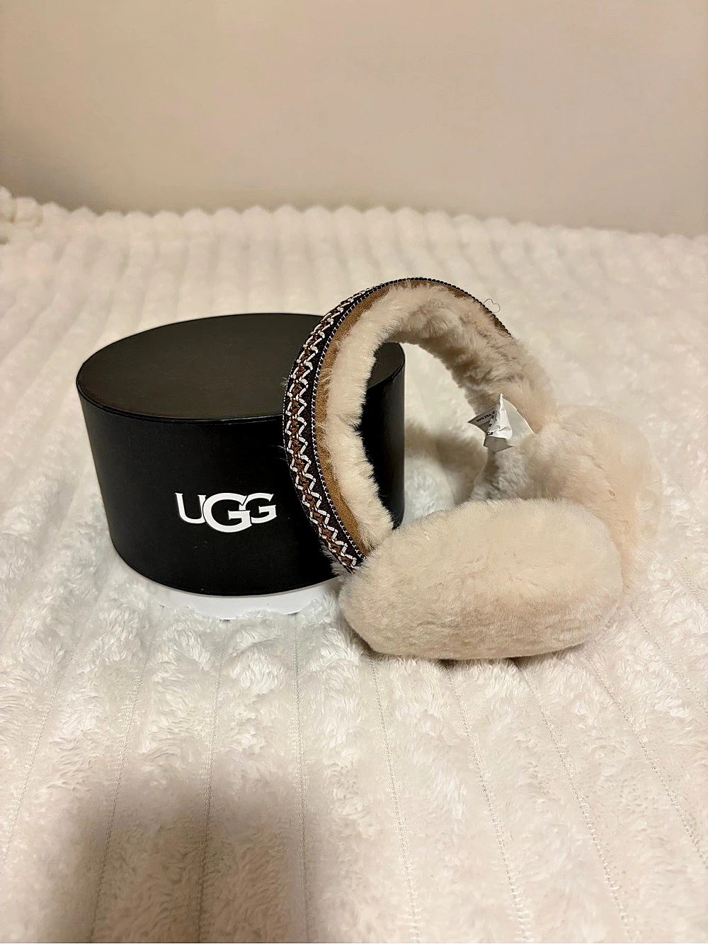 UGG Sheepskin Embroidery Earmuff Faux Fur Cream & Brown